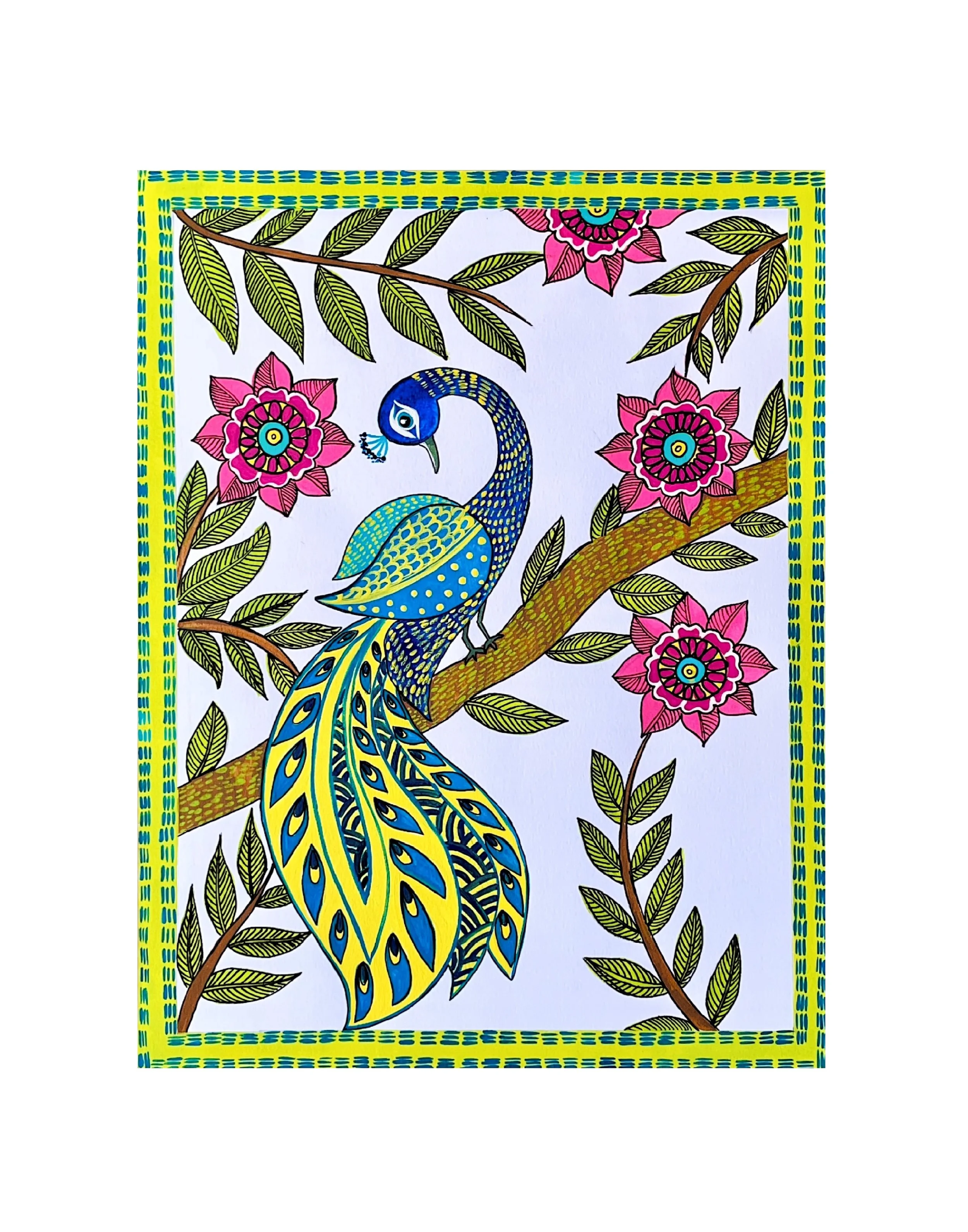Colorful illustration of a peacock perched on a tree branch with pink flowers and green leaves, bordered with a vibrant patterned frame.