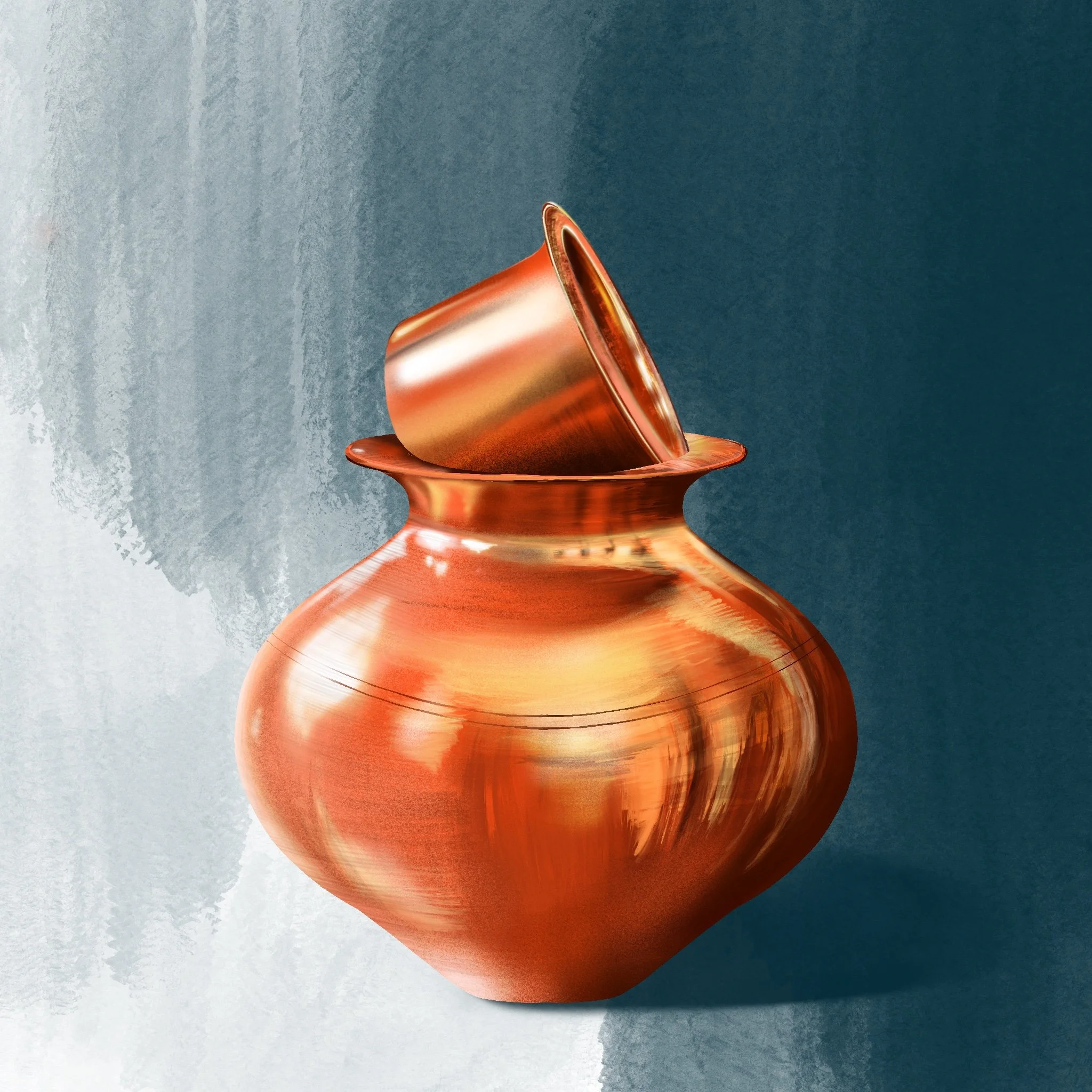 A shiny, copper-colored vase with a matching cup tilted inside, resting on the vase's lip, set against a textured blue and gray background.