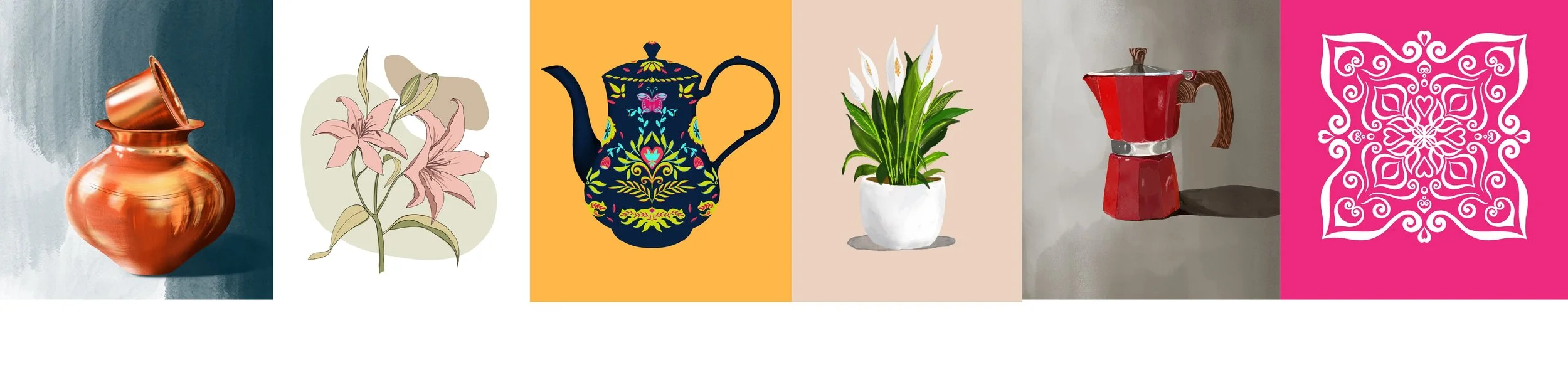 Six artistic depictions of household items: a copper vase with a tilted cup inside, a line drawing of pink lilies, a decorative pitcher with floral patterns on an orange background, a potted white flower with white lilies, a red moka pot, and a white