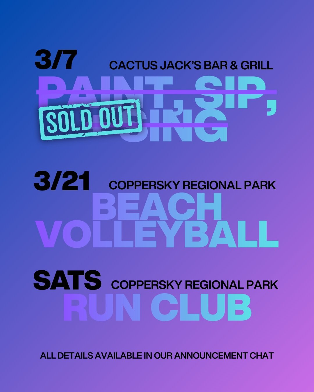 March Schedule Update 🩵🫟

Paint, Sip &amp; Sing: Drake Night is officially SOLD OUT 🎨 Karaoke still open

Thank you to everyone who secured a canvas. We&rsquo;ll see you this Saturday at Cactus Jack Bar &amp; Grill for an afternoon of art, music, 