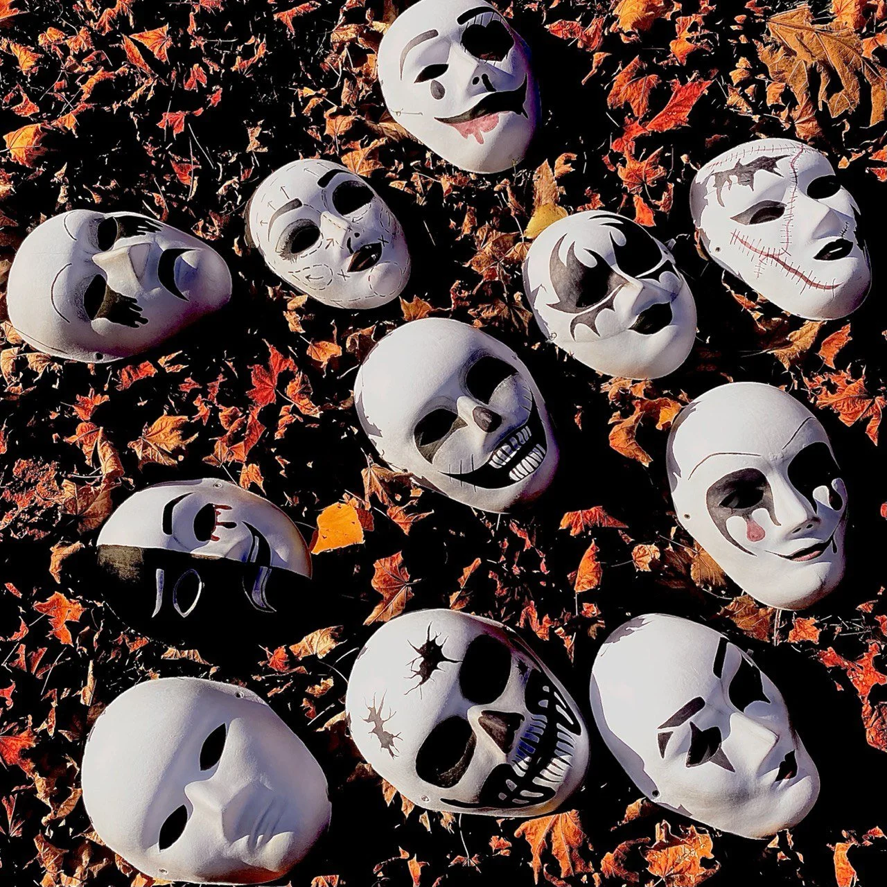 Multiple white Halloween masks with various facial expressions, lying on brown fallen leaves.