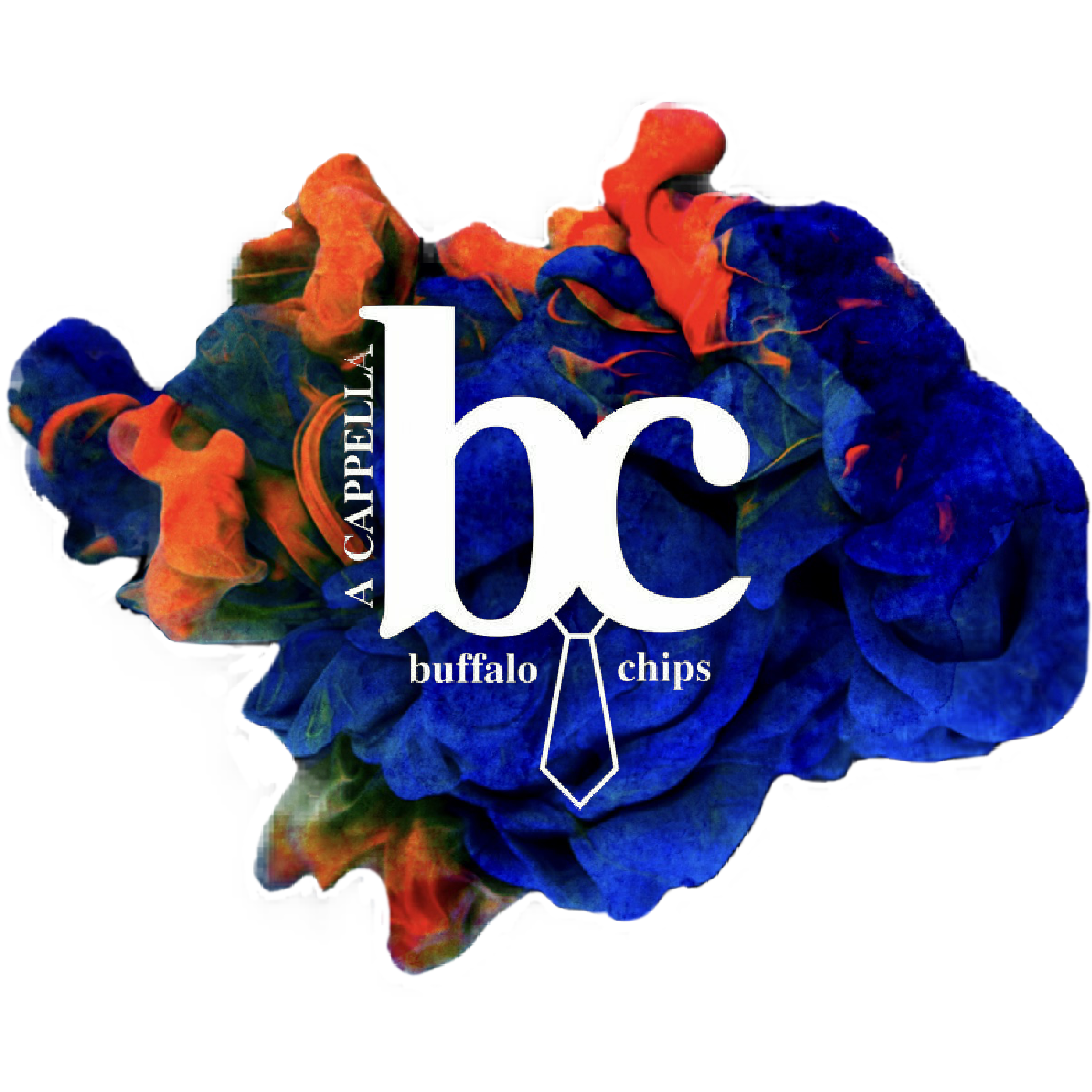 A colorful background with the words 'A Cappella' and 'buffalo chips' and a large 'bc' logo with a tie icon in the middle.