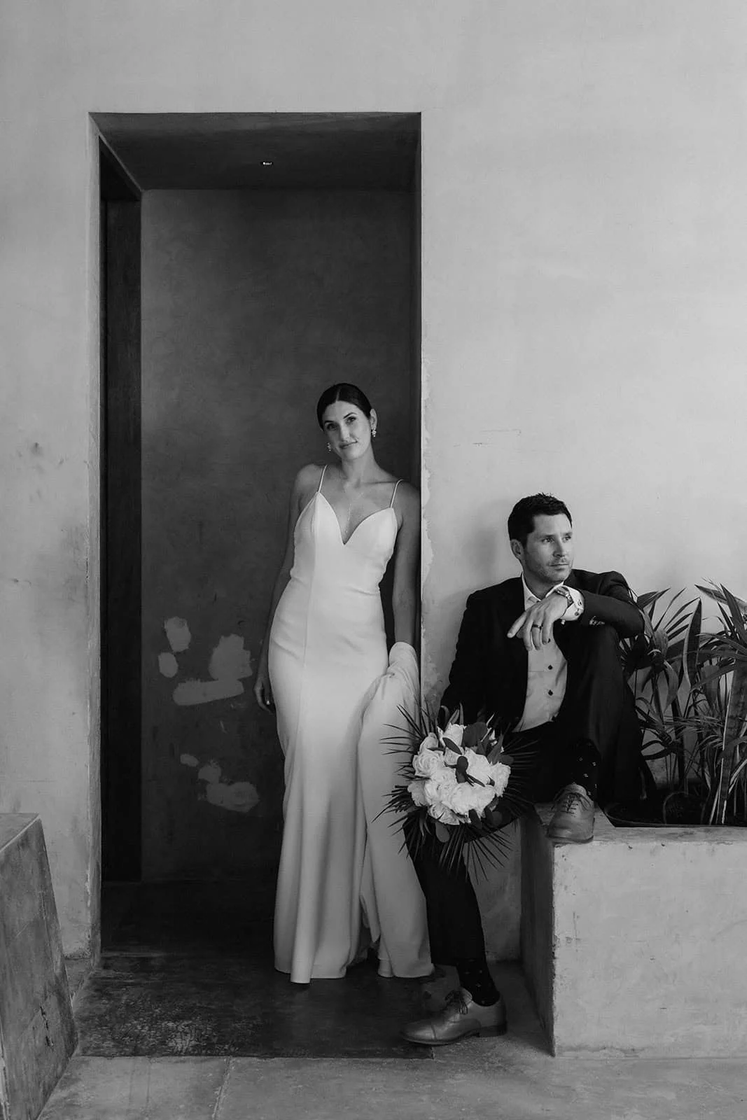 Minimal black and white couple portrait at Riviera Maya wedding in Mexico