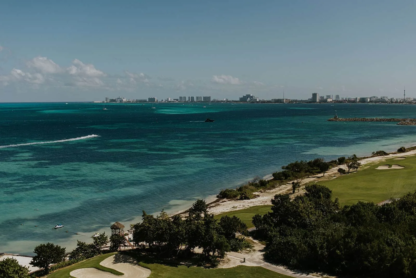 View of Cancun hotel zone from Dreams Vista Cancun rooftop wedding venue
