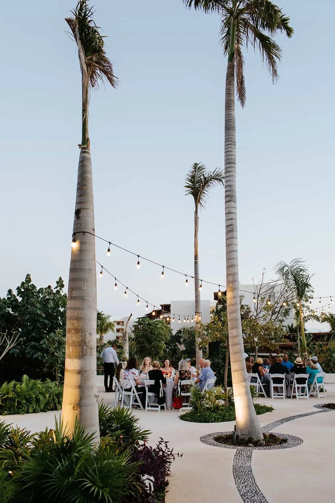 Guests seated for a welcome dinner under palm trees and string lights at Secrets Playa Blanca Costa Mujeres