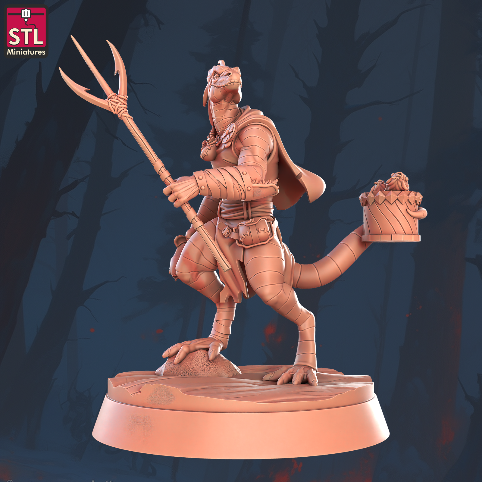 Lizardfolk Wielding Makeshift Trident and Holding a Fish Basket with its Tail