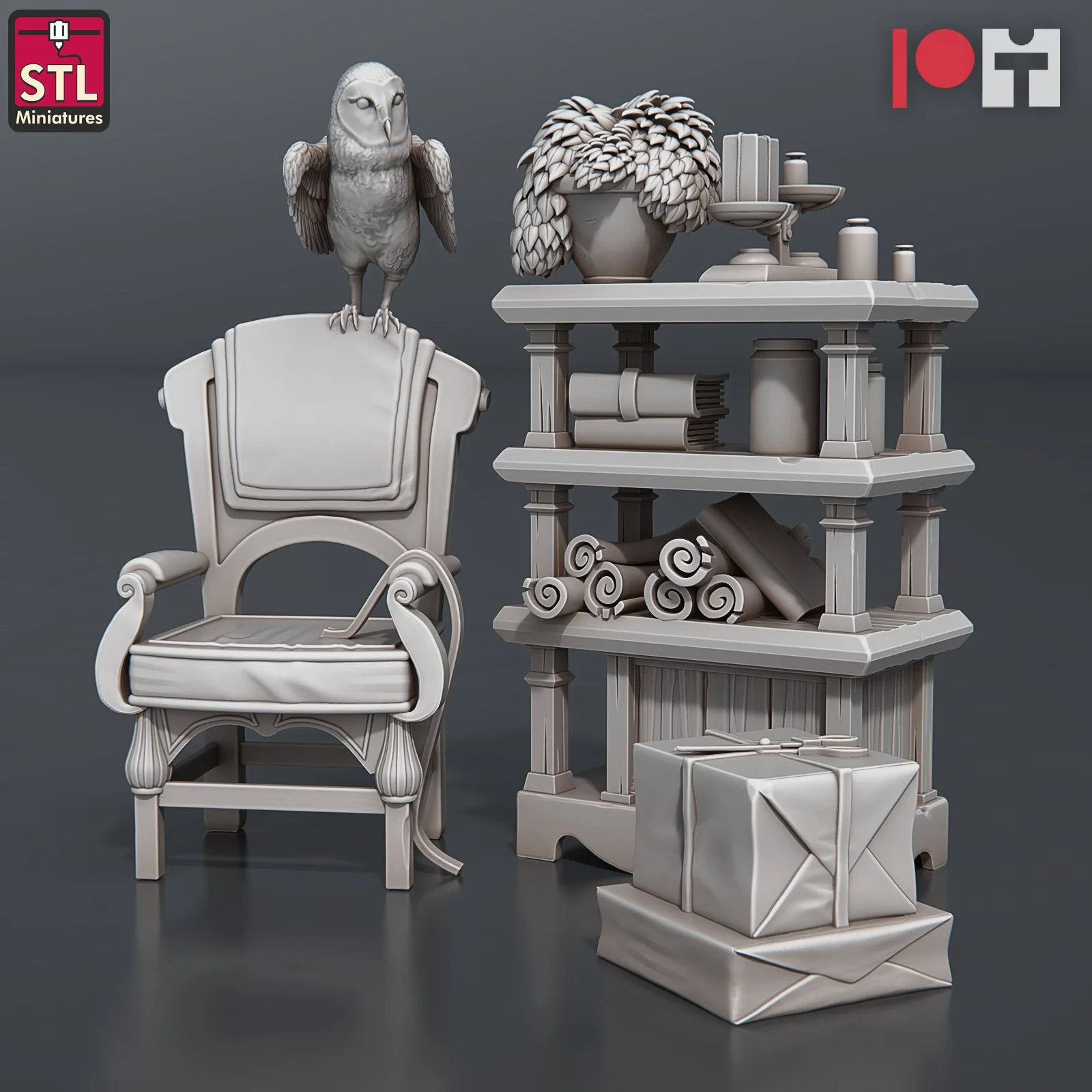 Chair with Owl, Package Pile, Bookshelf with Scrolls, and the Office Plant