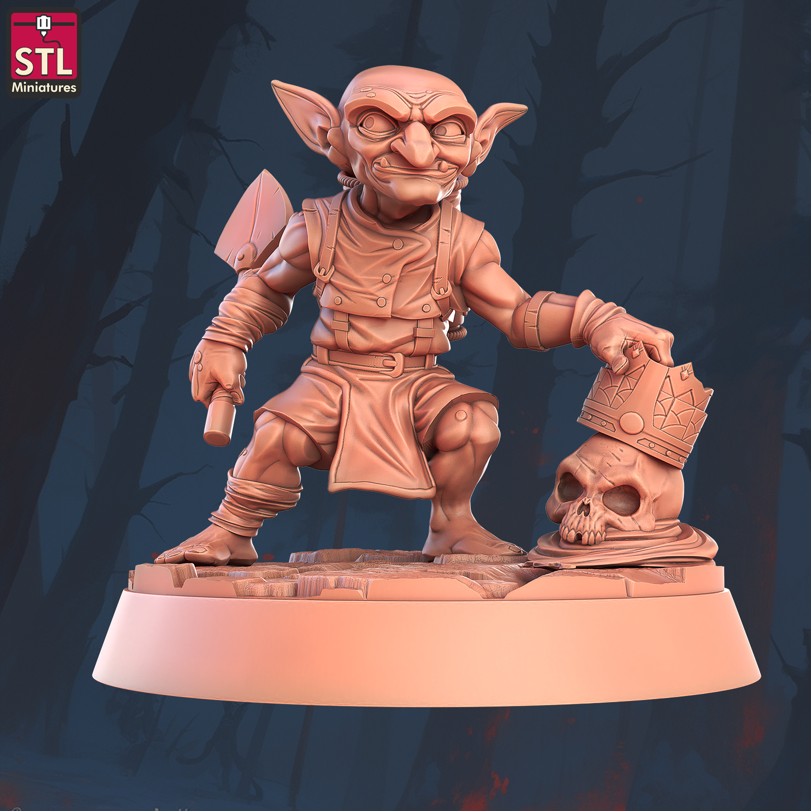 Grave Robber Goblin Holding Trowel Stealing a Crown off a Skull