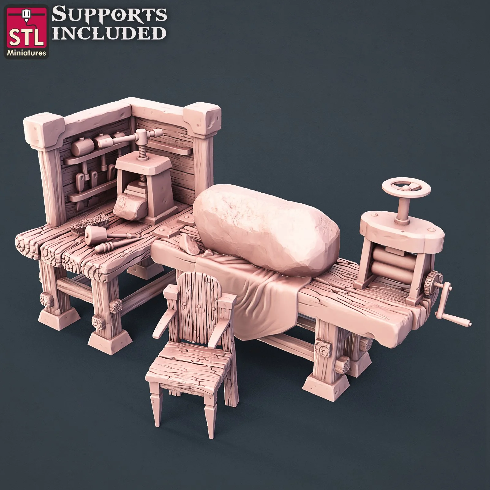 Desk with Chair, Large Stone, and Tools