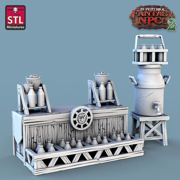 Counter with Milk Display with a Large Milk Jug on a Small Table Next to It