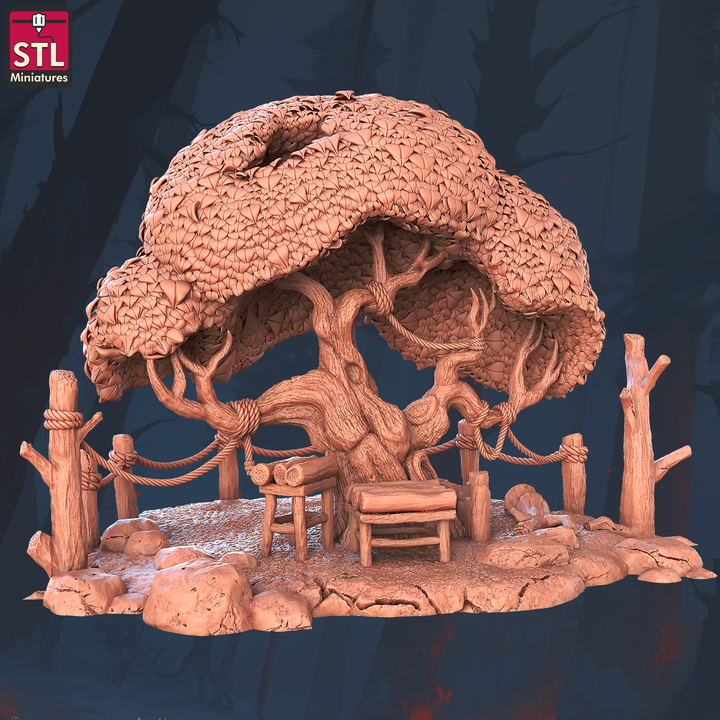 Large Tree with Wooden Benches and Area for Taming