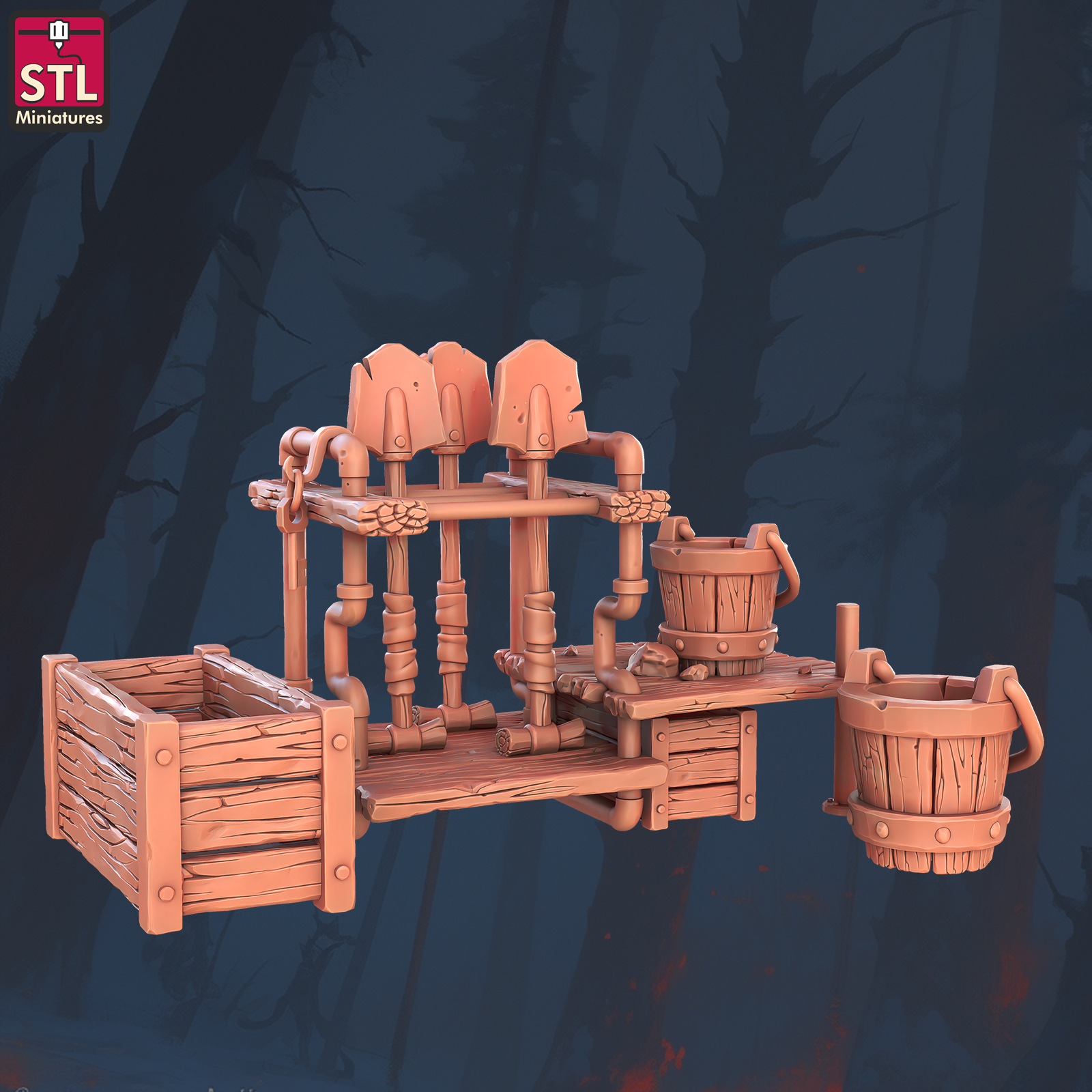 Shovel Shelf with Buckets and Boxes