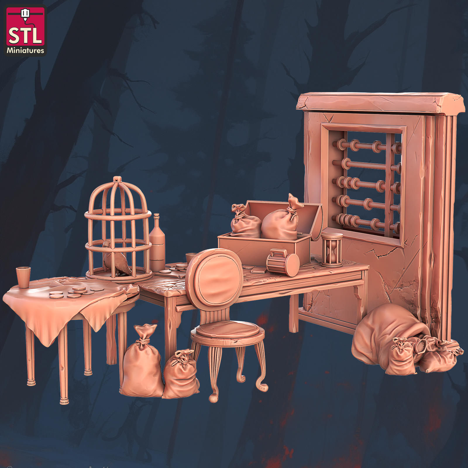 Planning Table with Large Abacus, Chair, and Coin Table