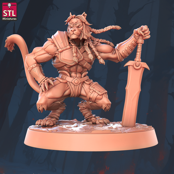 Leonin Fighter Crouching and Leaning on a Sword