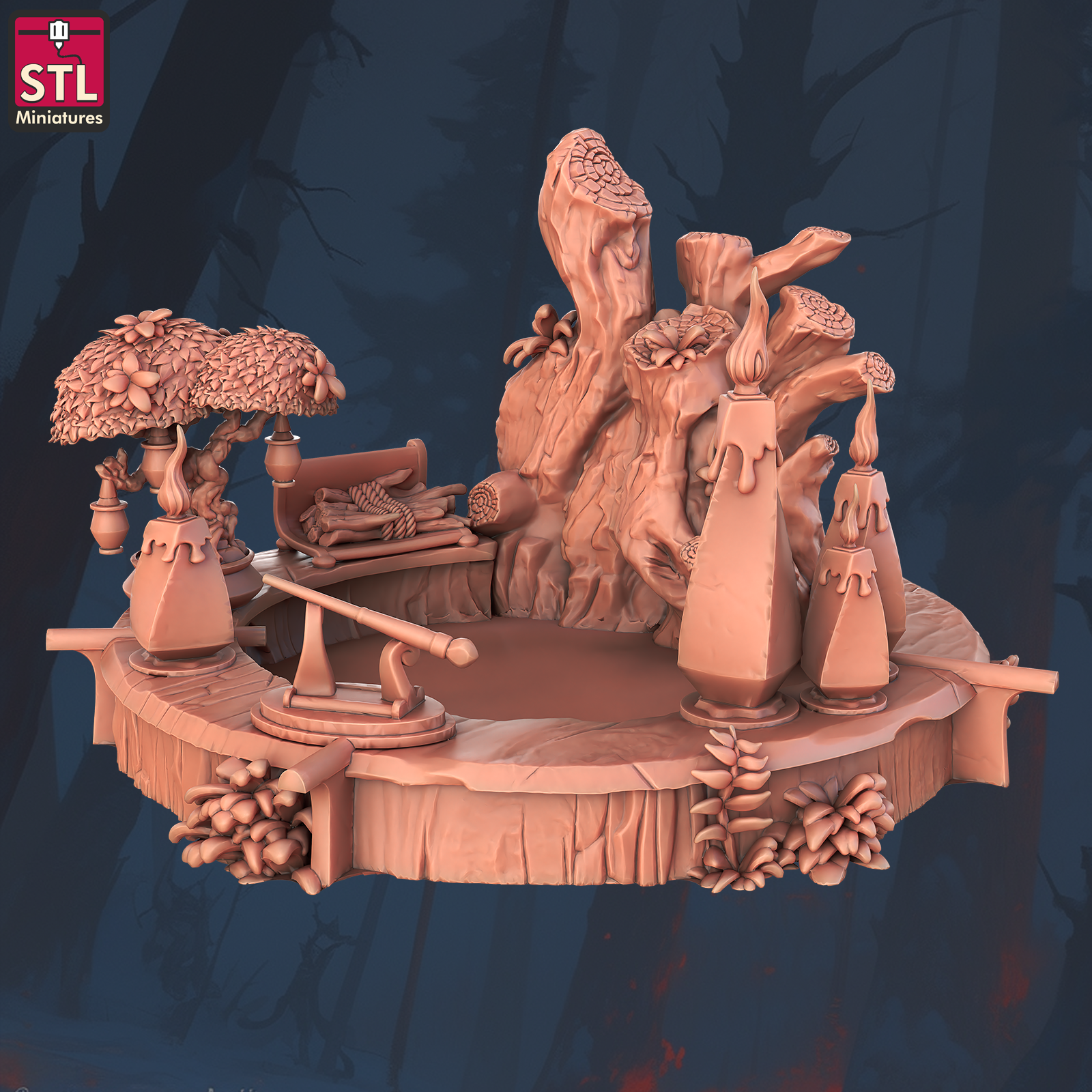 Large Circular Worktable with Candles, Stick Bundles, a Bonsai, and a Wand in Progress