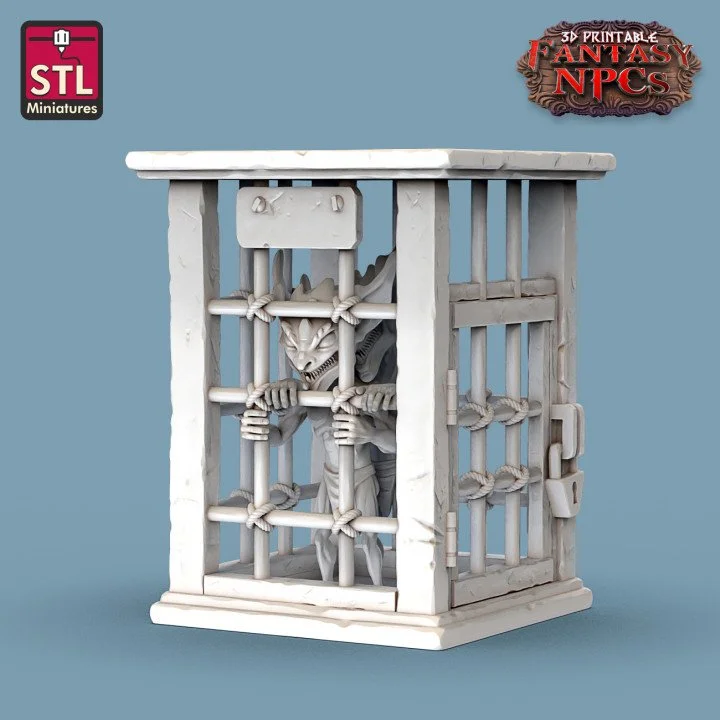 Large cage with two standing creatures, staring