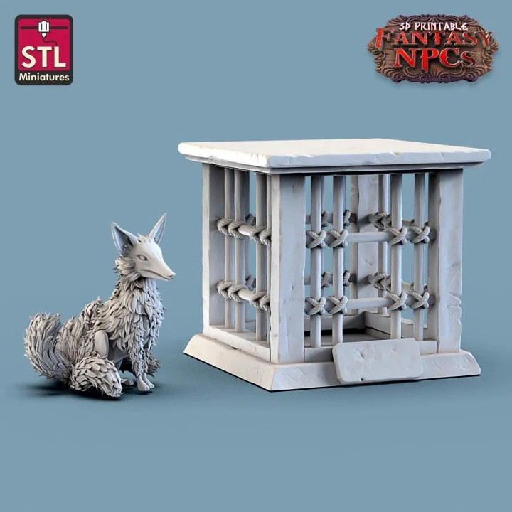 Medium cage and a fluffy fox-like animal