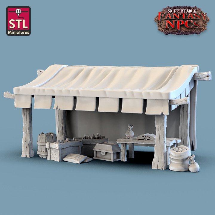 Stall with table and assorted baskets of animal food