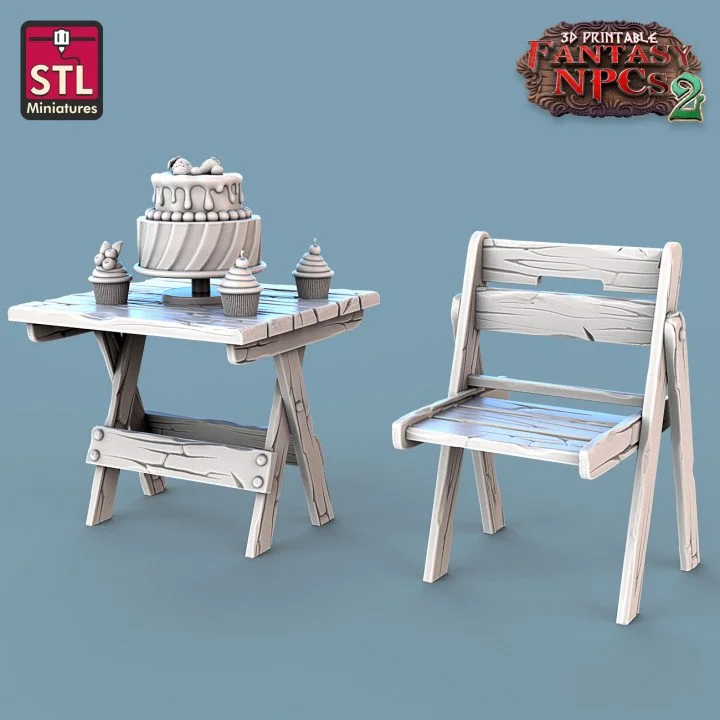 TV table and chair with a 2-tiered cake and cupcakes