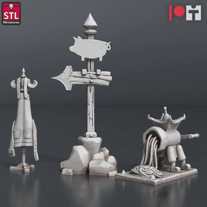 Sign, Apron Rack, and Meat Grinder