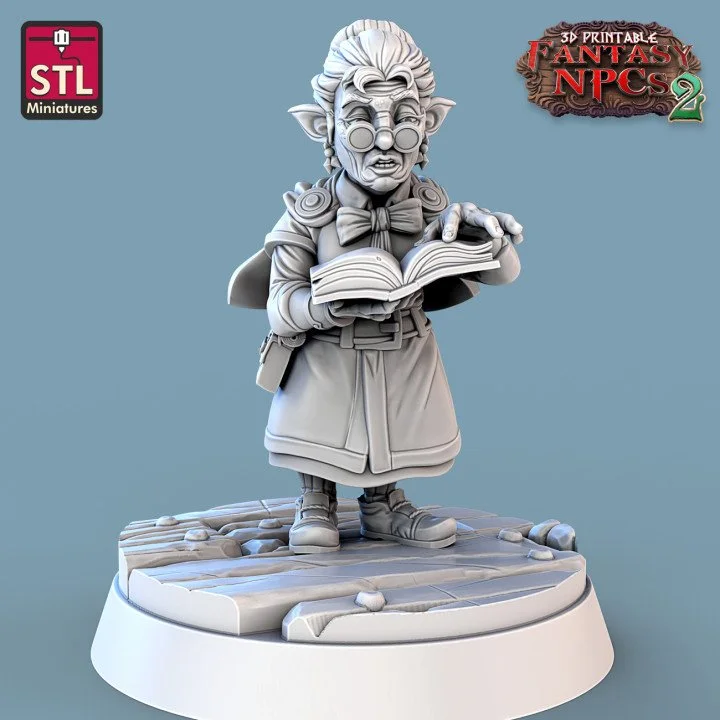 Old female gnome teacher, reading from a book