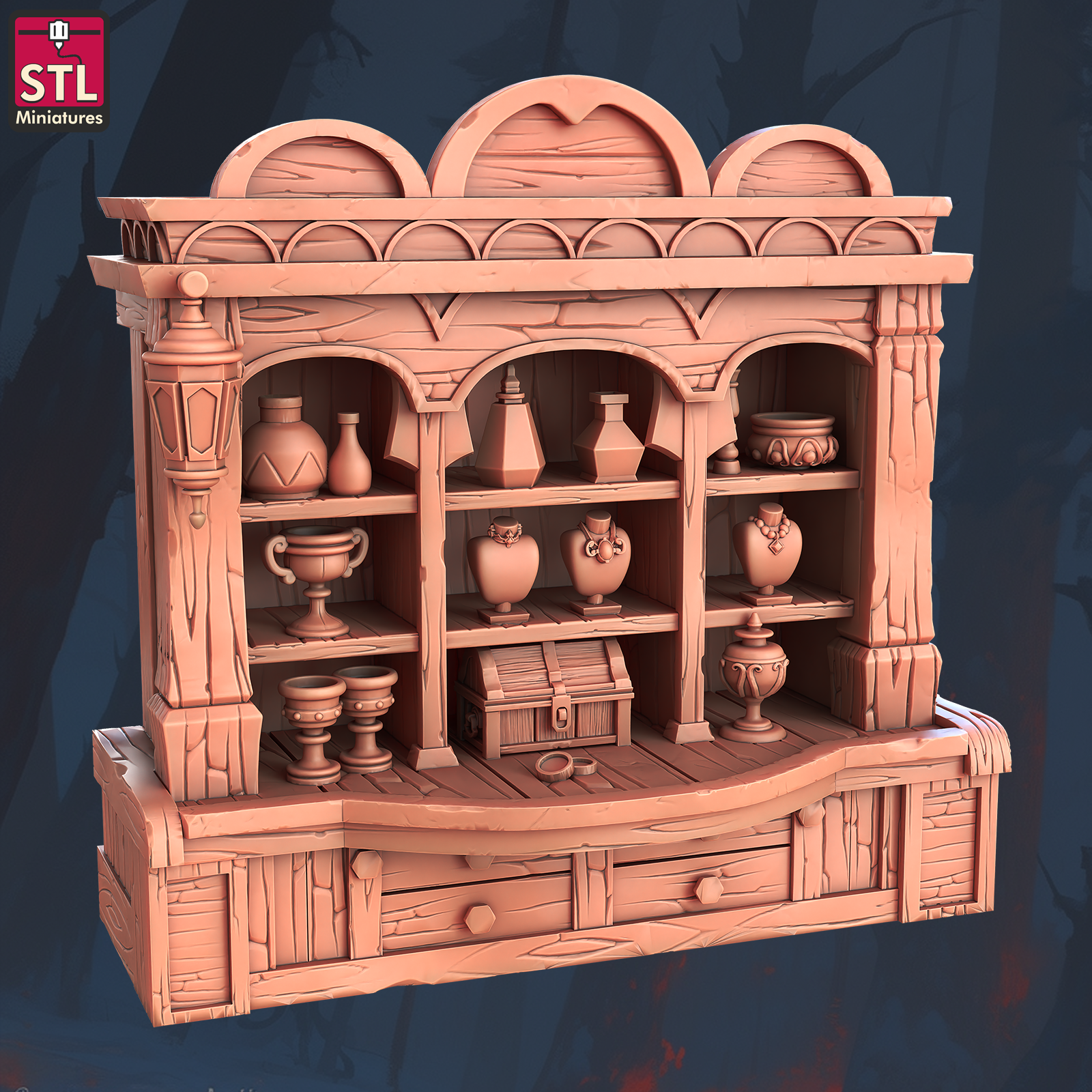 Shelf Display Filled with Jeweled Pieces