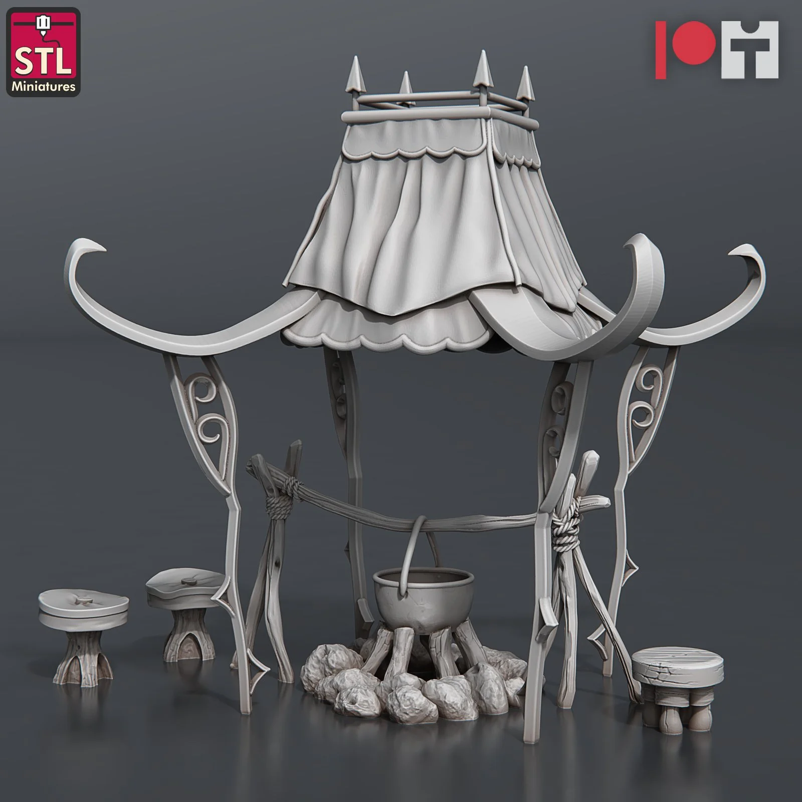 Covered Campfire Surrounded by Wooden Stools