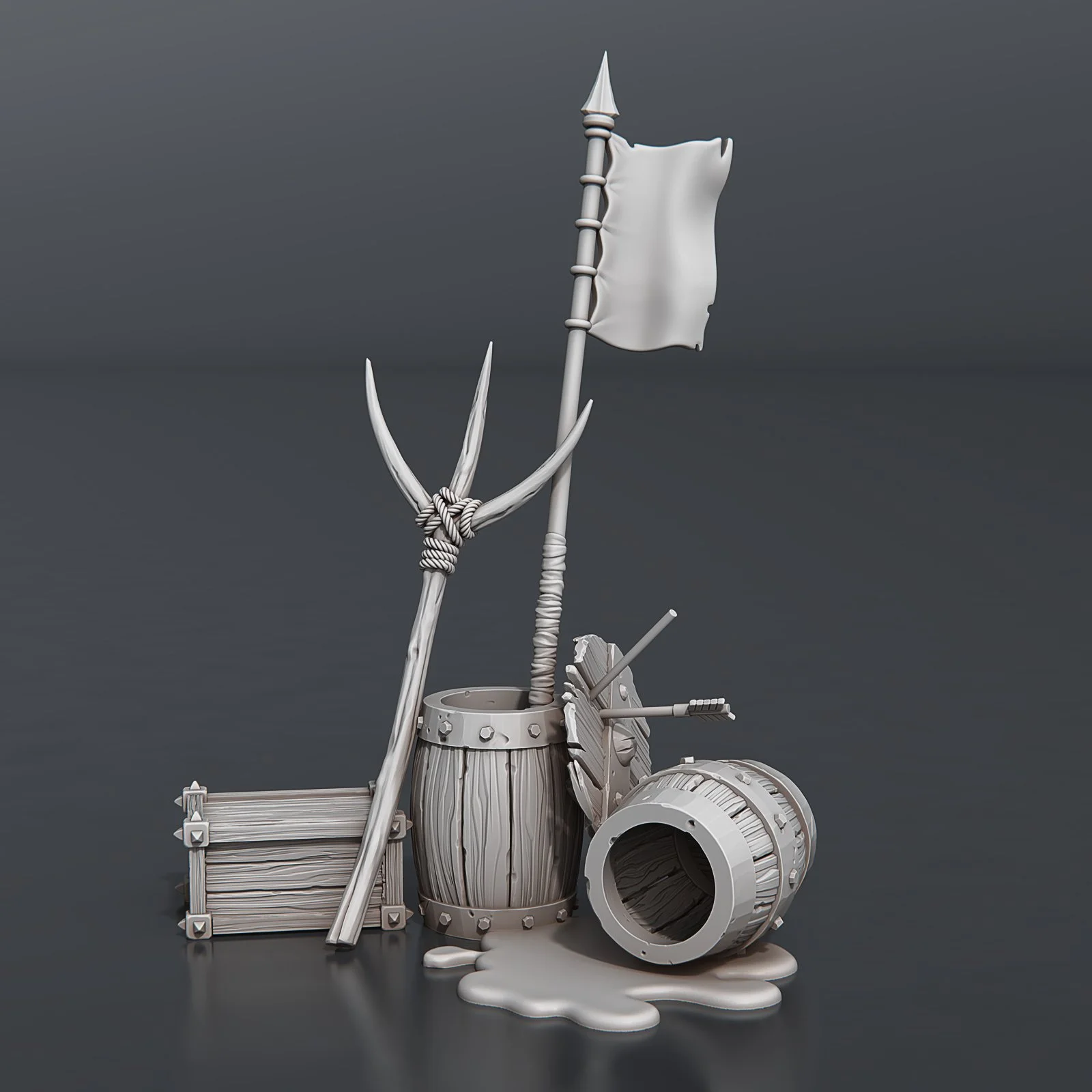 A pile of miscellaneous objects including a flag to represent the Rebellion