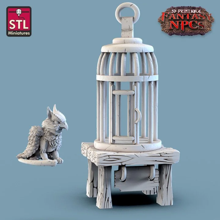 Tall bird-like cage on a small table with an owl-cat