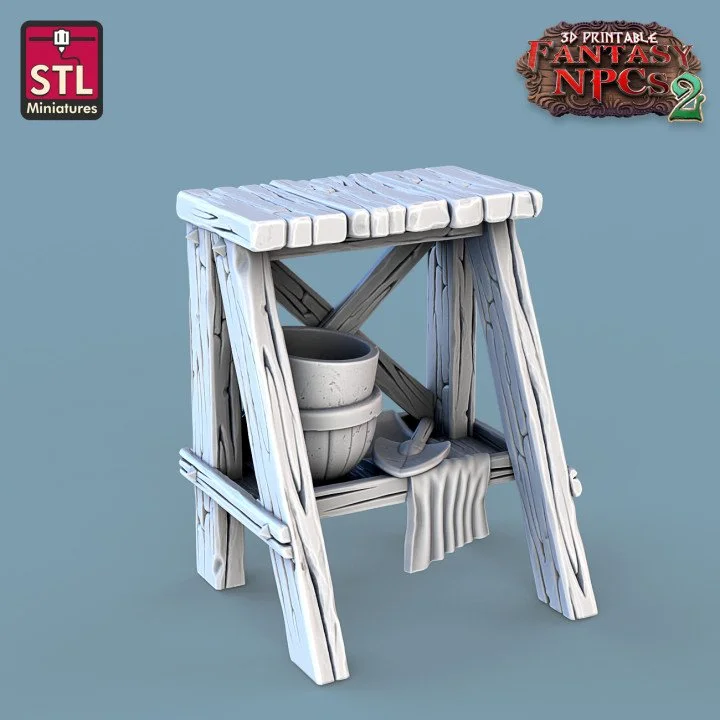 Small step stool with bowls and trowel