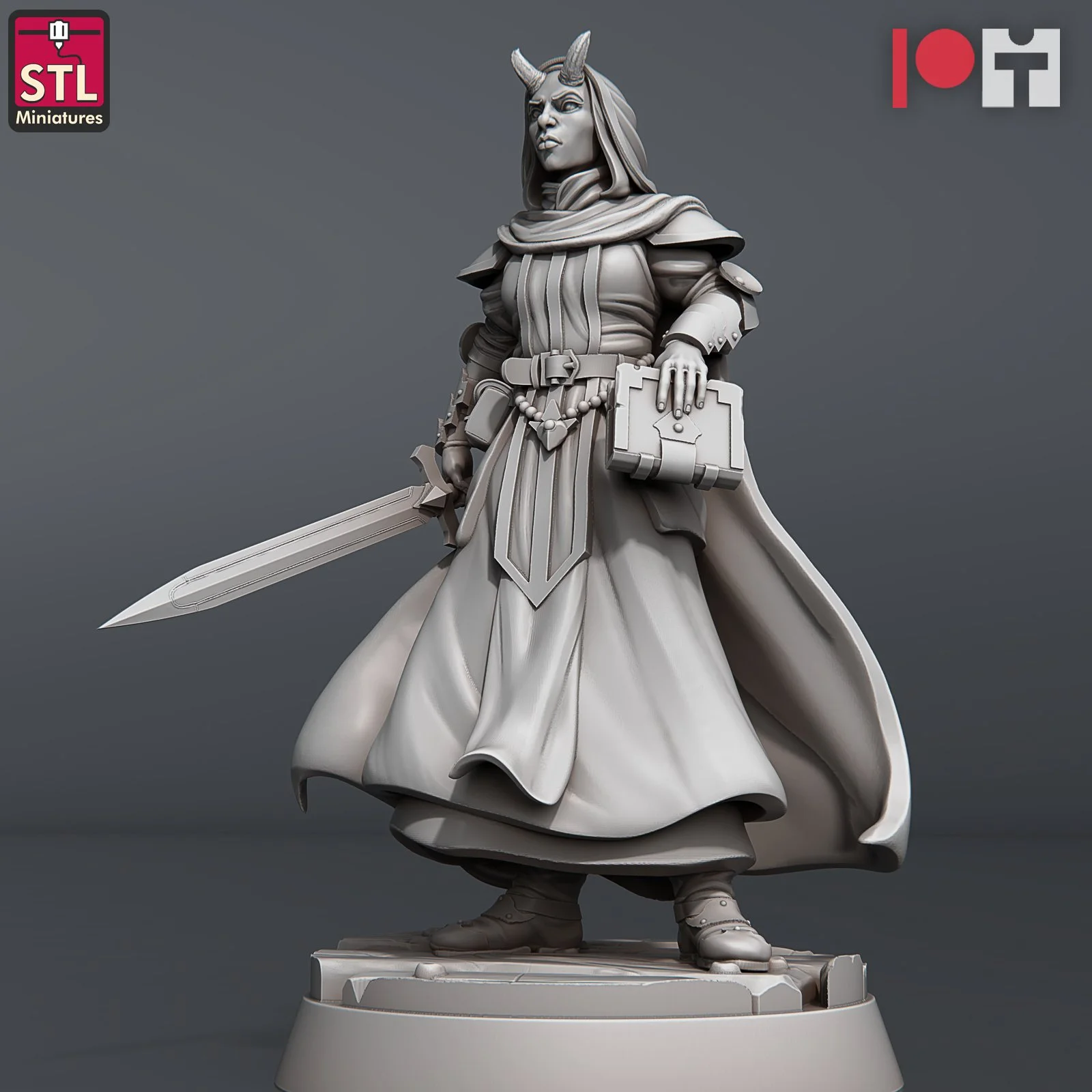 Nun Tiefling with Book and Sword Ready to Defend the Orphanage