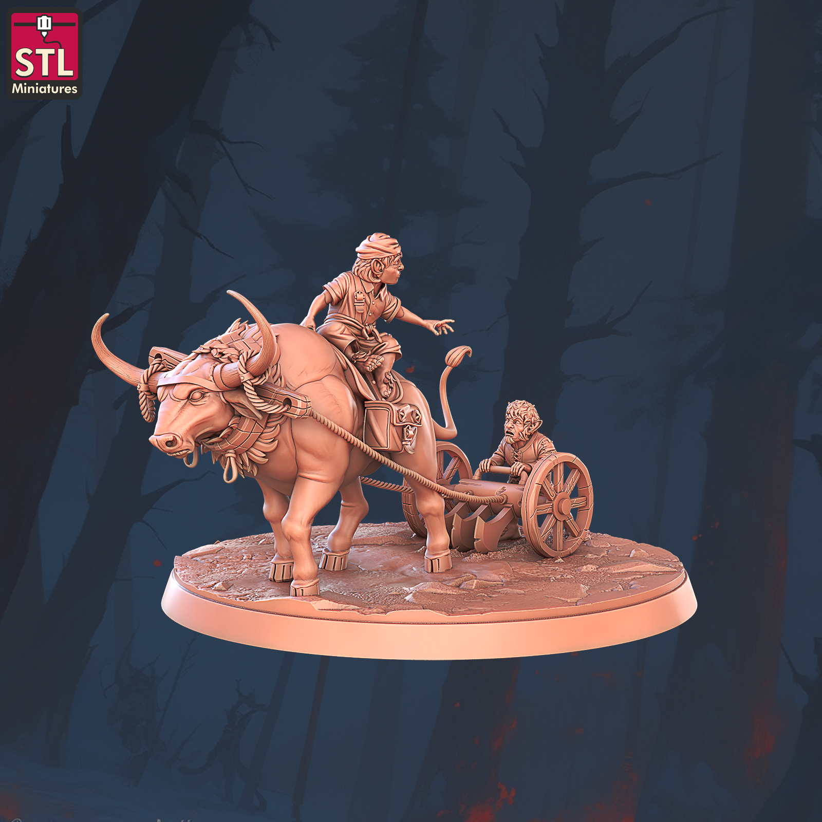 2 Halflings accompanied by a bull pulling a tiller