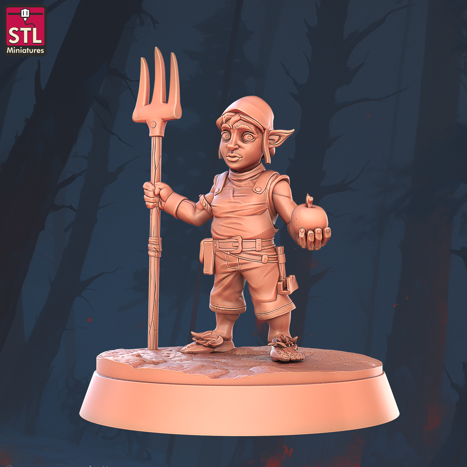 Halfling farmer with a pitchfork and an apple