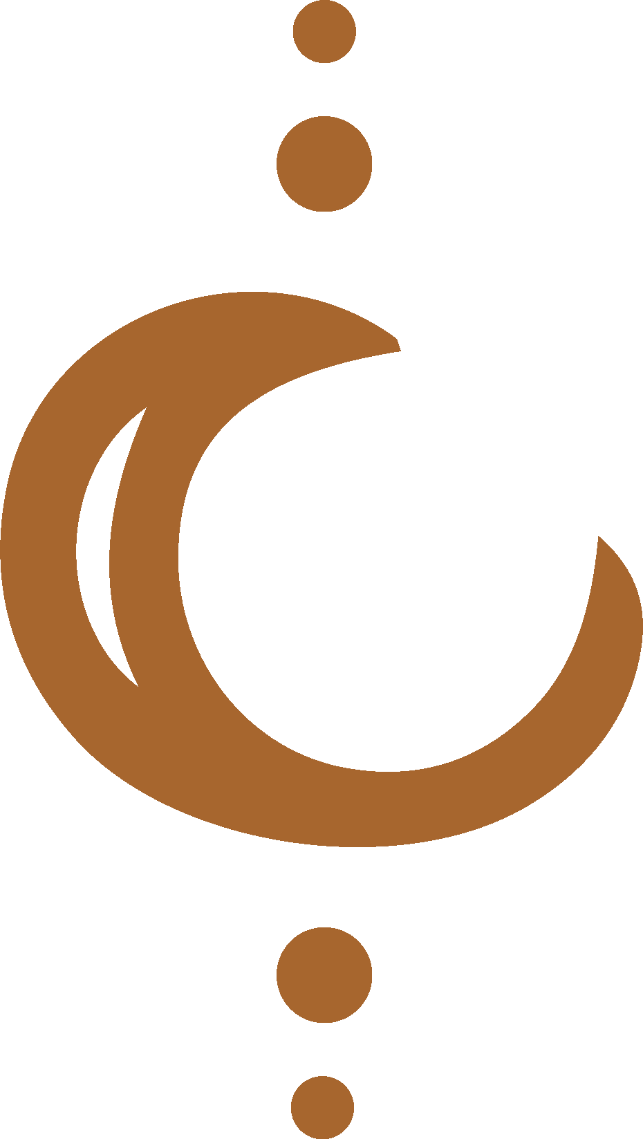 A brown crescent moon with two dots on top and bottom