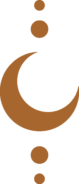 Minnesota therapist, resonate therapy and wellness's favicon, a stylized brown crescent moon with three small circles above and below on a black background