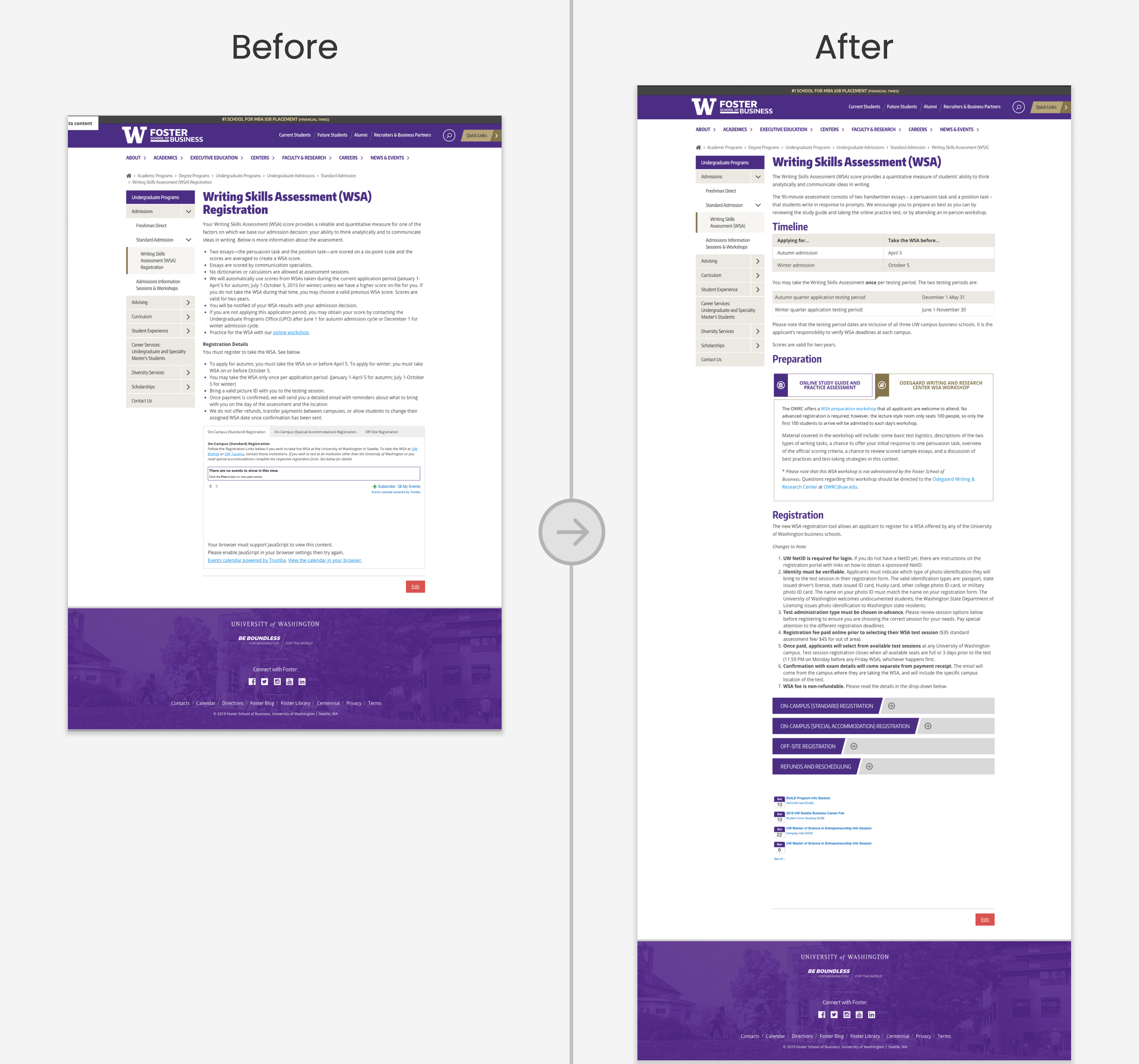 Image of the content on the WSA web page before and after the redesign