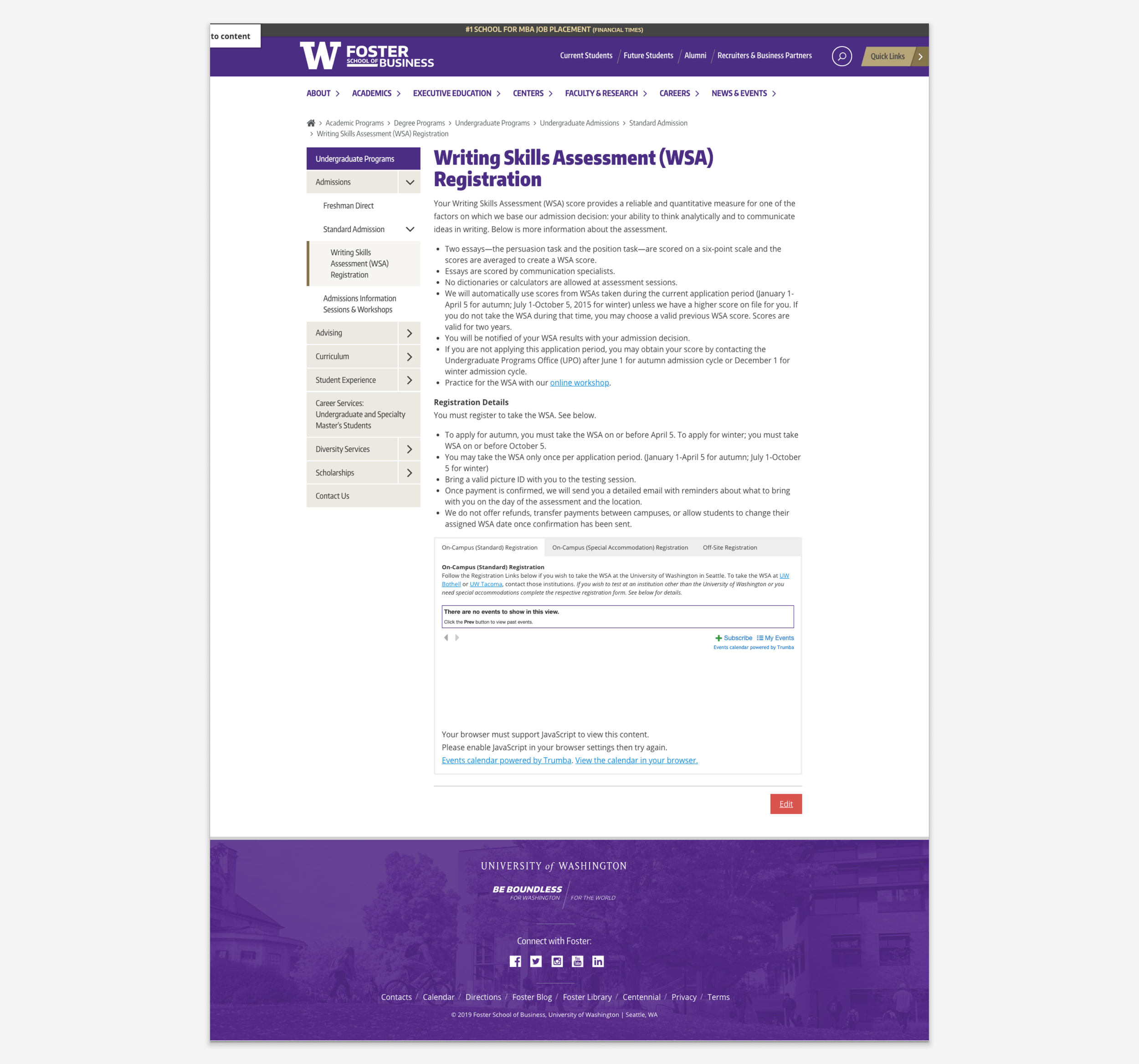Image of the content on the WSA web page before the redesign