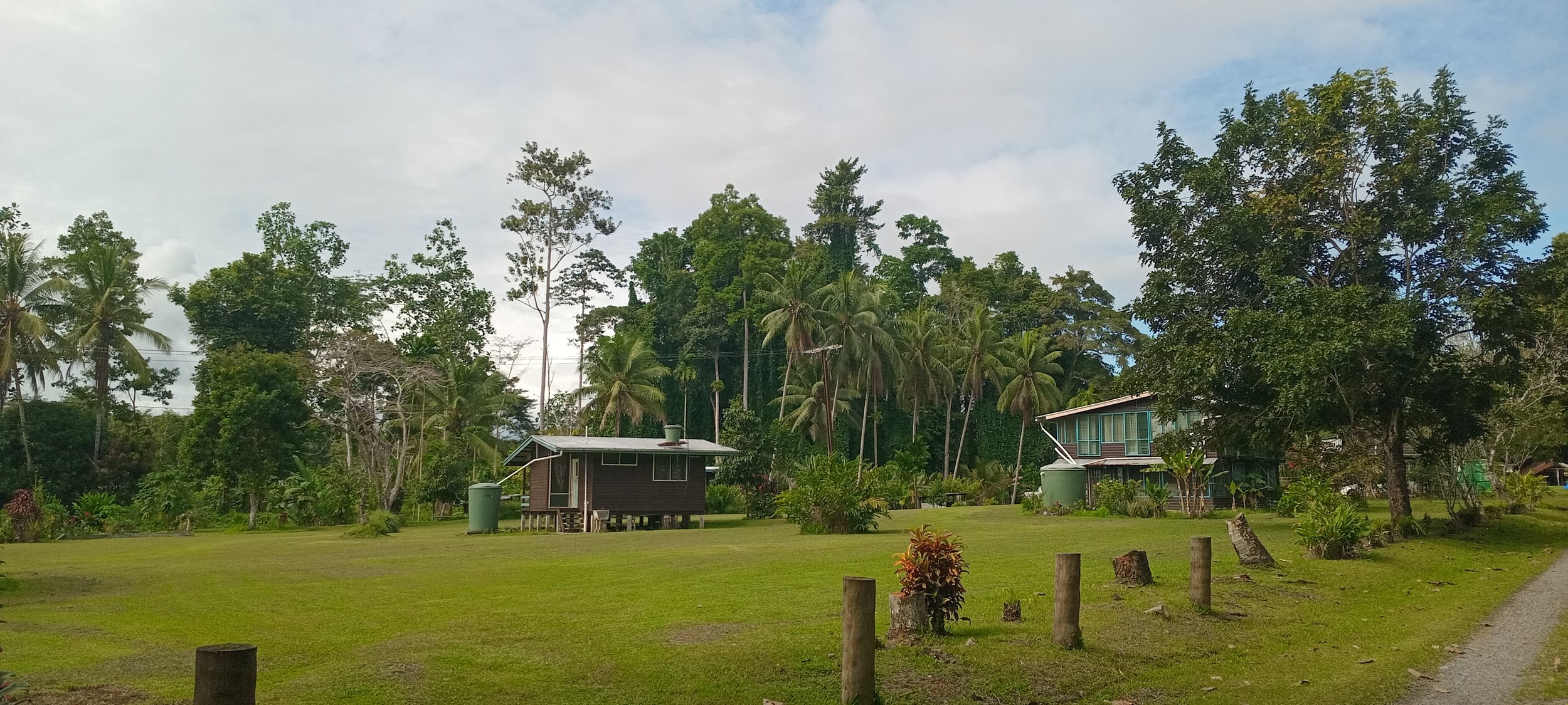 A peaceful rural scene with two houses, lush green trees, and a well-maintained grassy area under a partly cloudy sky.
