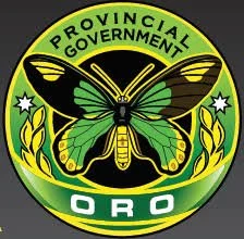 Seal of the Provincial Government of ORO depicting a butterfly with outstretched wings, surrounded by green laurel leaves and stars.