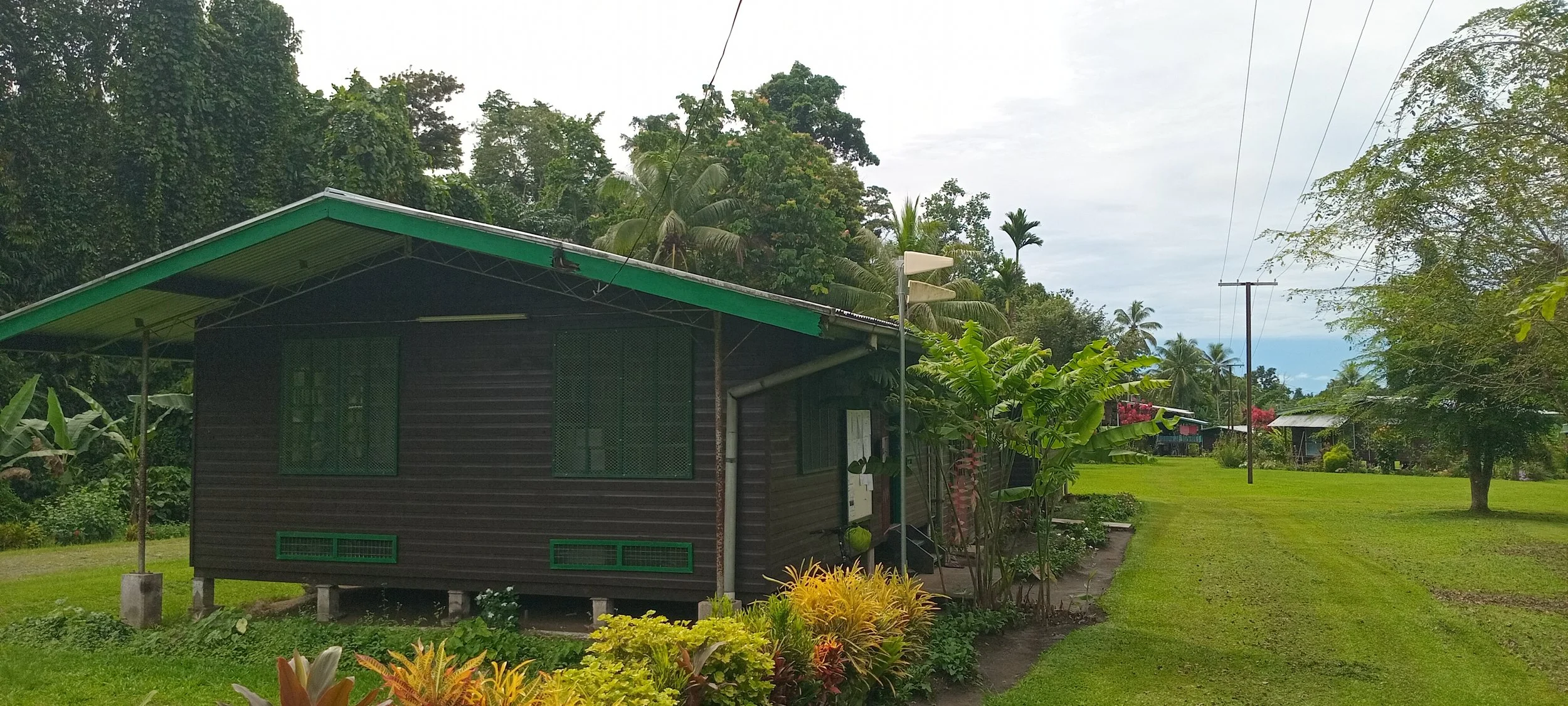 A small, dark wooden house with a green roof and window grilles, set in a lush, tropical garden with vibrant plants and grass, surrounded by tall trees and greenery.