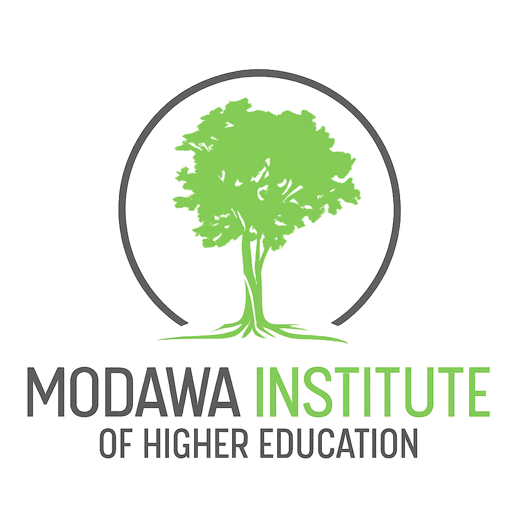Logo of Modawa Institute of Higher Education featuring a green tree inside a gray circle with the institution's name below in gray and green text.