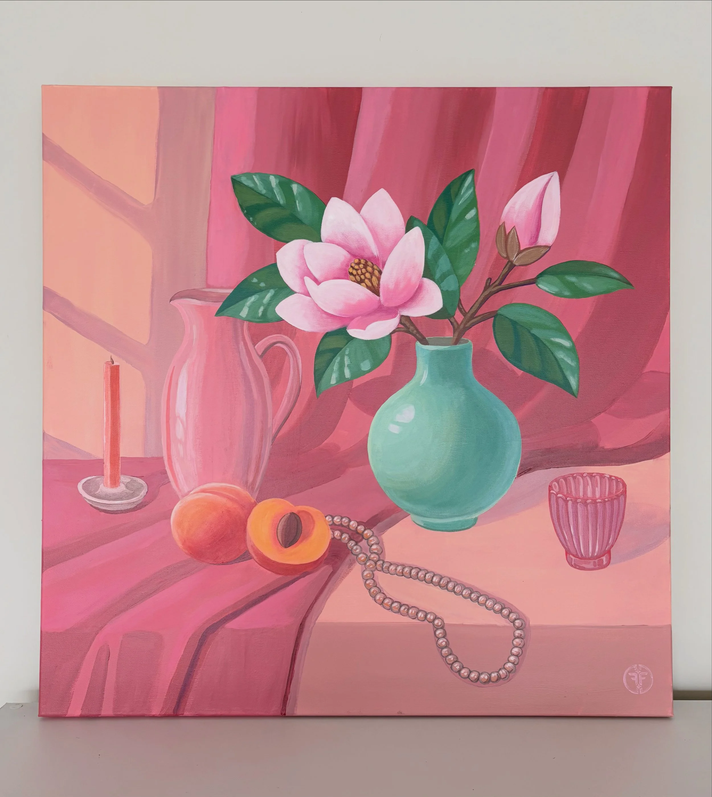 Painting of a pink magnolia flower with green leaves in a turquoise vase, set on a pink table with peach and orange peaches, a pearl necklace, a pink striped glass, and a pink candlestick; pink background with diagonal red, pink, and beige stripes.