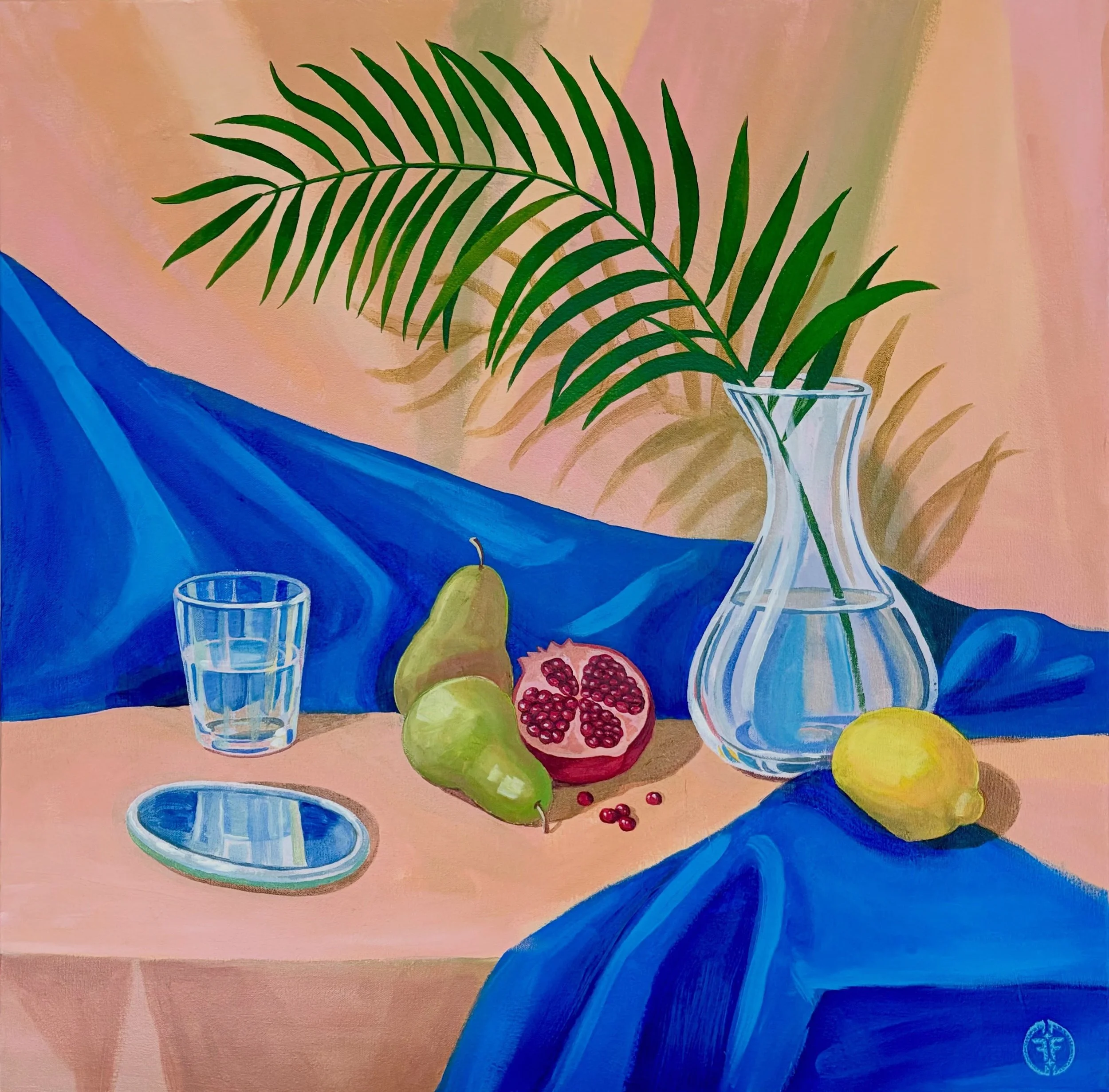 Still life painting of a table with a glass of water, a pomegranate, a green pear, and a bunch of red berries, with a large plant in a decorative glass vase in the background, in a colorful room with pink, yellow, and blue walls.