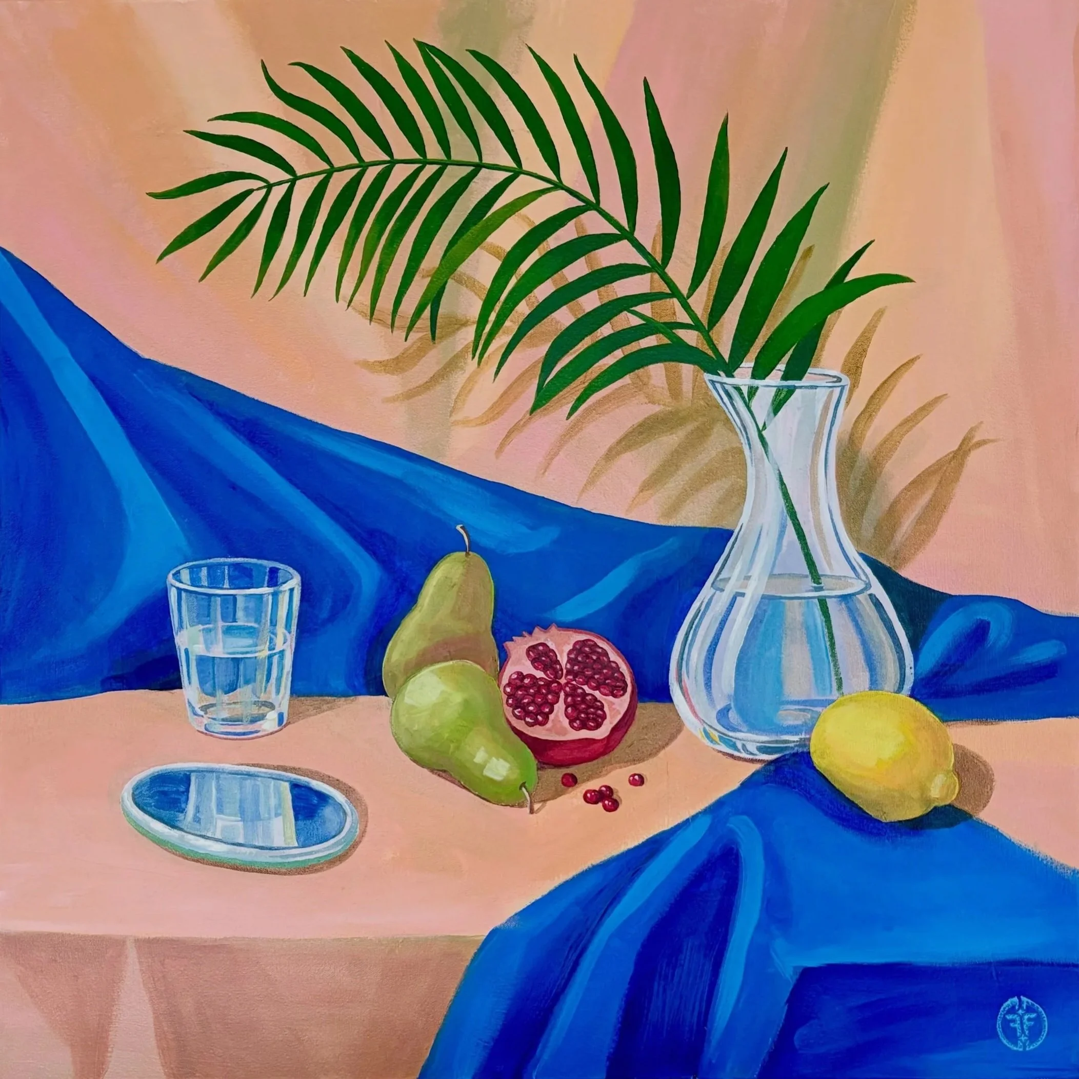 A colorful still life painting with a lemon, pomegranate, and grapes on a table with glasses and a vase with a green palm leaf against a pink and tan background with blue drapery.