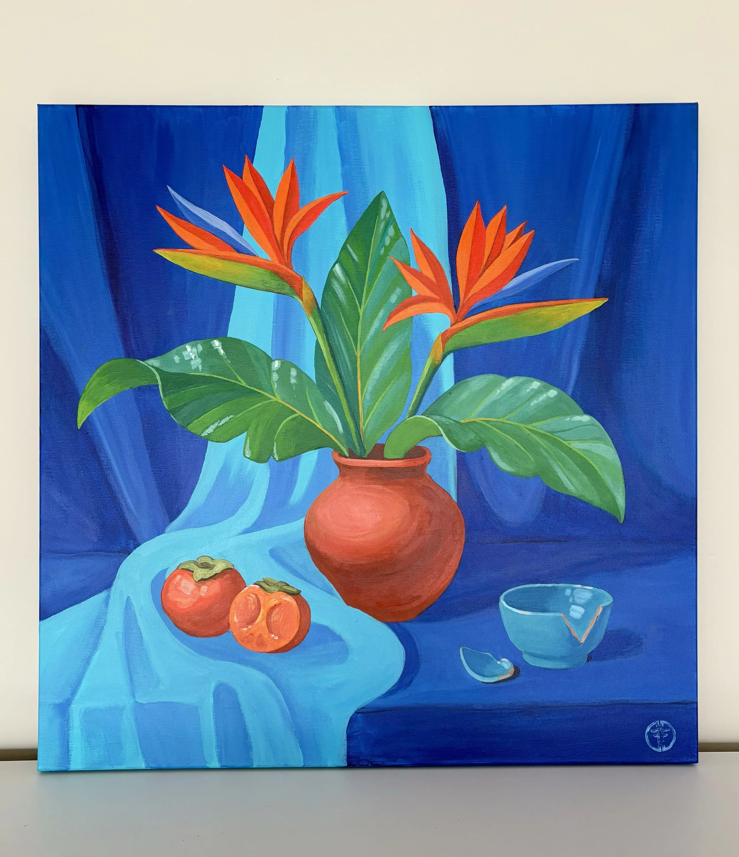 Painting of orange and yellow tropical flowers in a clay pot with green leaves, set against a blue background with flowing abstract shapes, and a glass of white wine to the right.