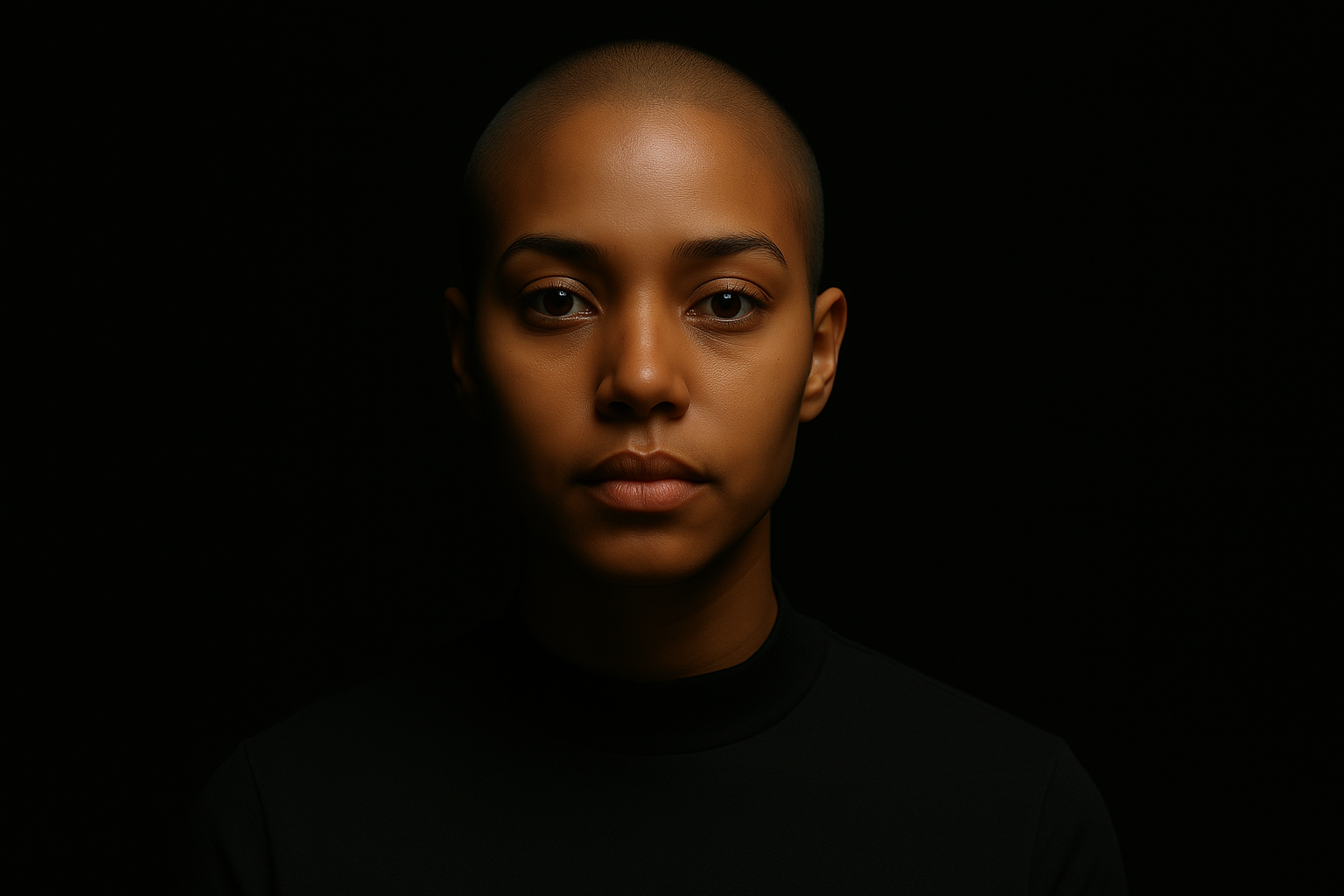 Portrait of a young woman with a shaved head and smooth skin, wearing a black top, against a dark background.