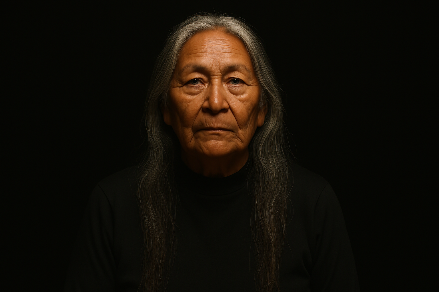 Portrait of an elderly woman with long gray hair, wearing a black shirt, against a dark background.