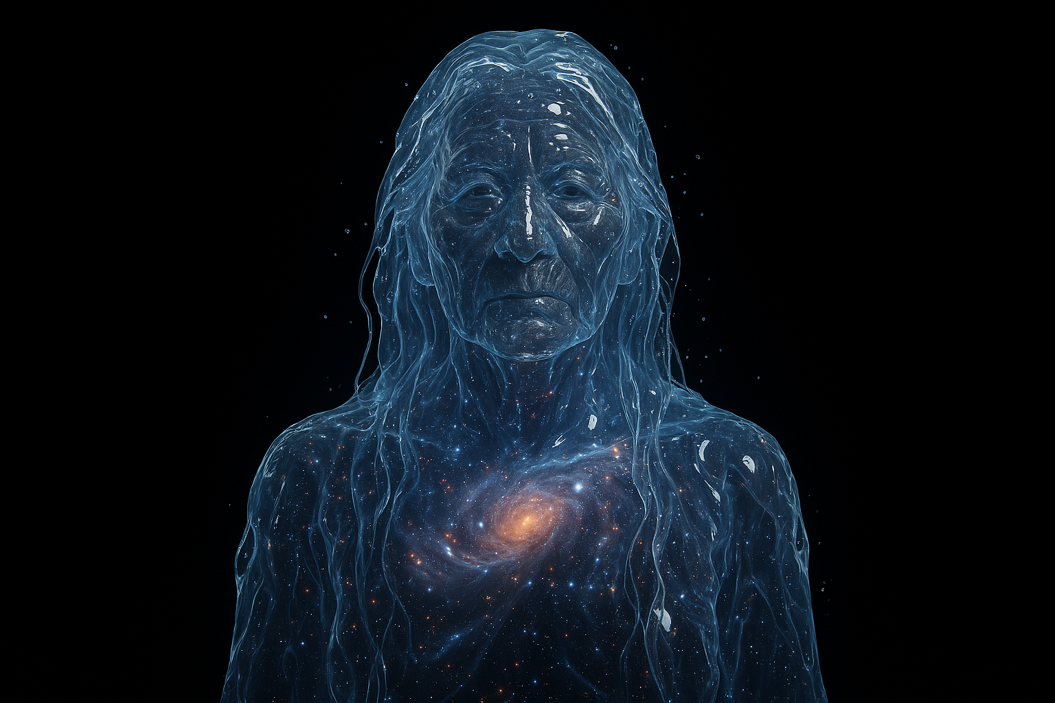 A digital artistic image of an elderly woman with long hair, depicted with a translucent, galaxy-like texture, set against a black background.