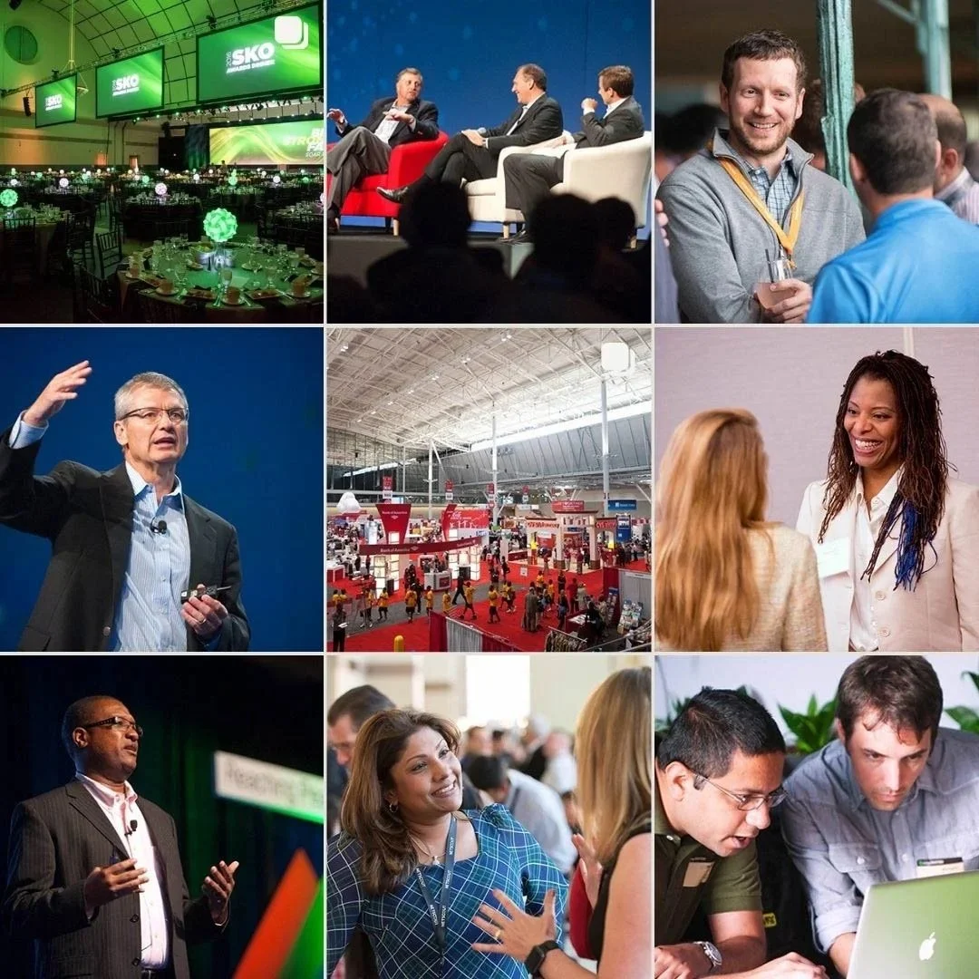 Collage of images from a conference or trade show including a large decorated event hall, panel discussion, networking, keynote speaker, exhibition hall, and small group conversations.