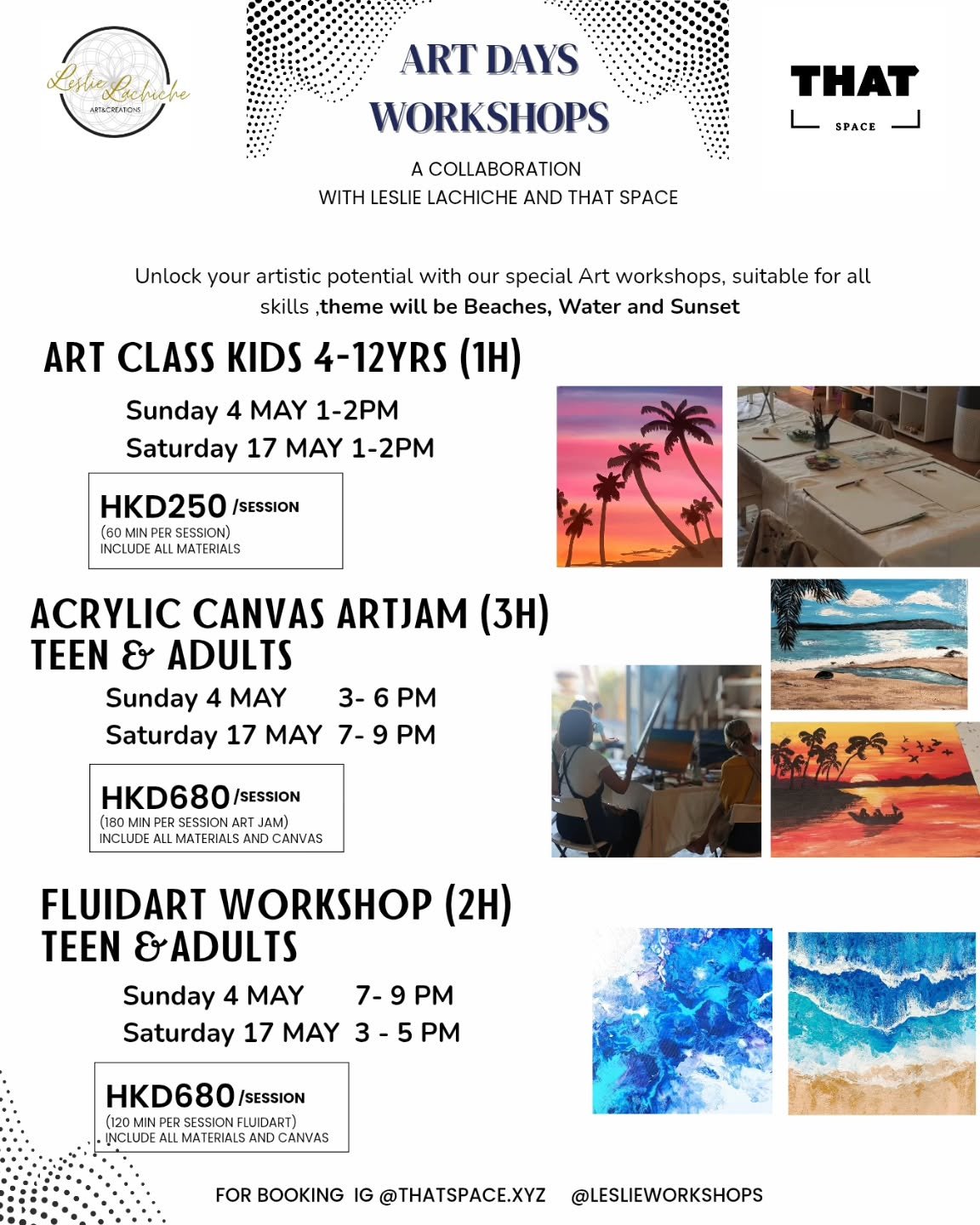 π¨ Creative Art Workshops with That Space x Leslie Lachiche! π¨
Unleash your creativity in our fun, hands-on sessions for all ages!
π§ Kids Art Class (4–12 yrs) | 1h | HK$250
Sun 4 May & Sat 17 May | 1–2 PM*
Includes: Apron, paper